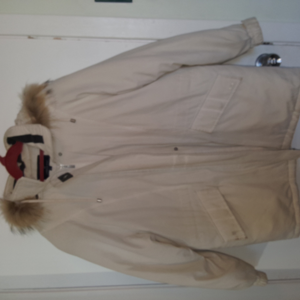 London Fog large padded white long winter jacket with a detachable  fur hoodie.